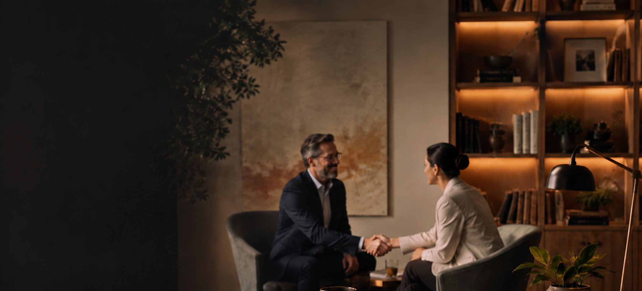 Two clinicians shaking hands across a low table in a warm consultation room
